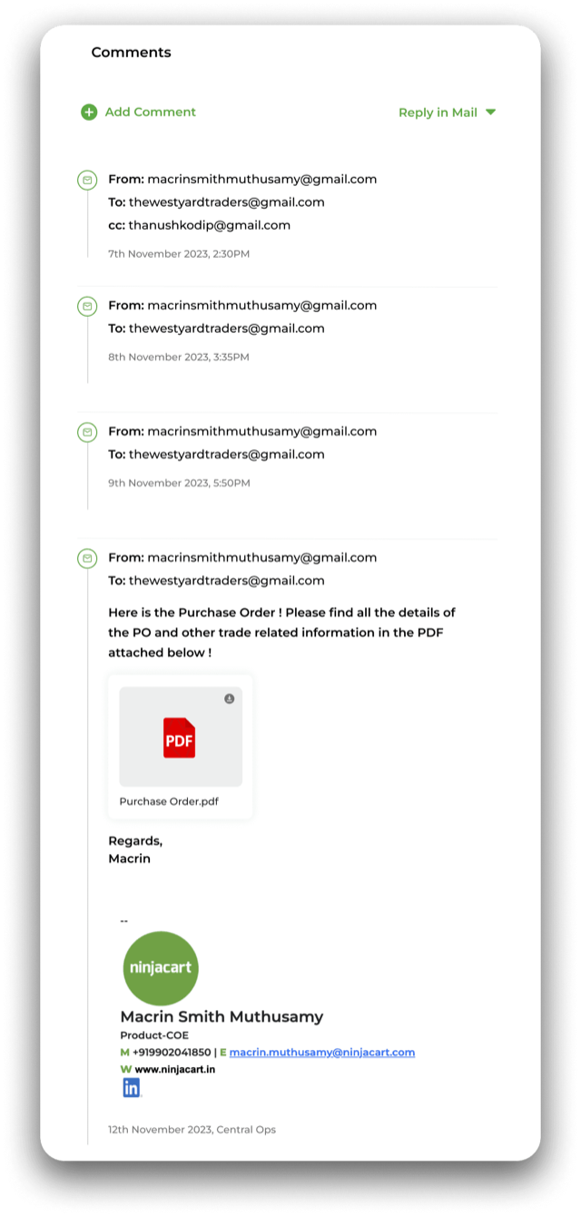 Sample email thread inside Tasks