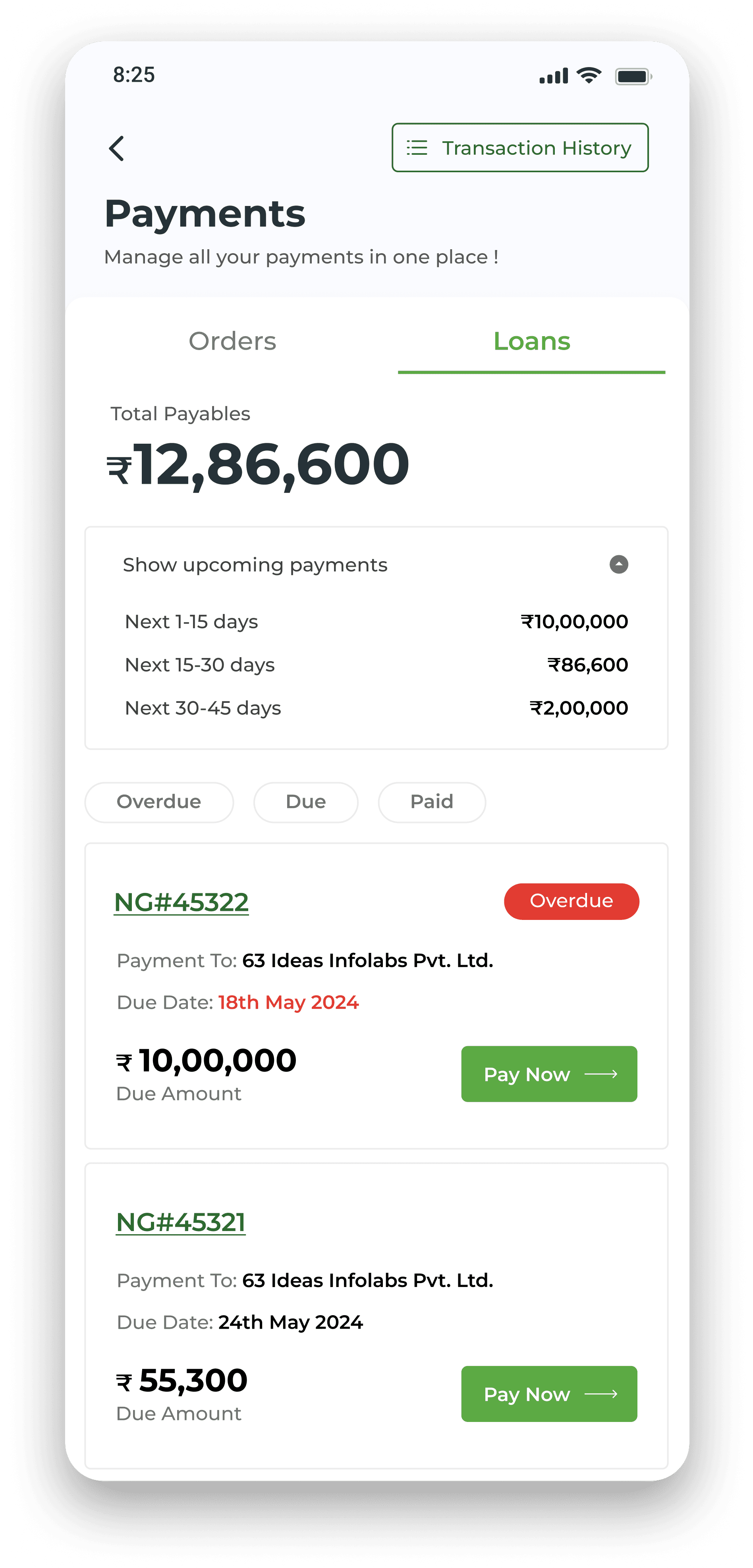 Payments section — all dues in one place