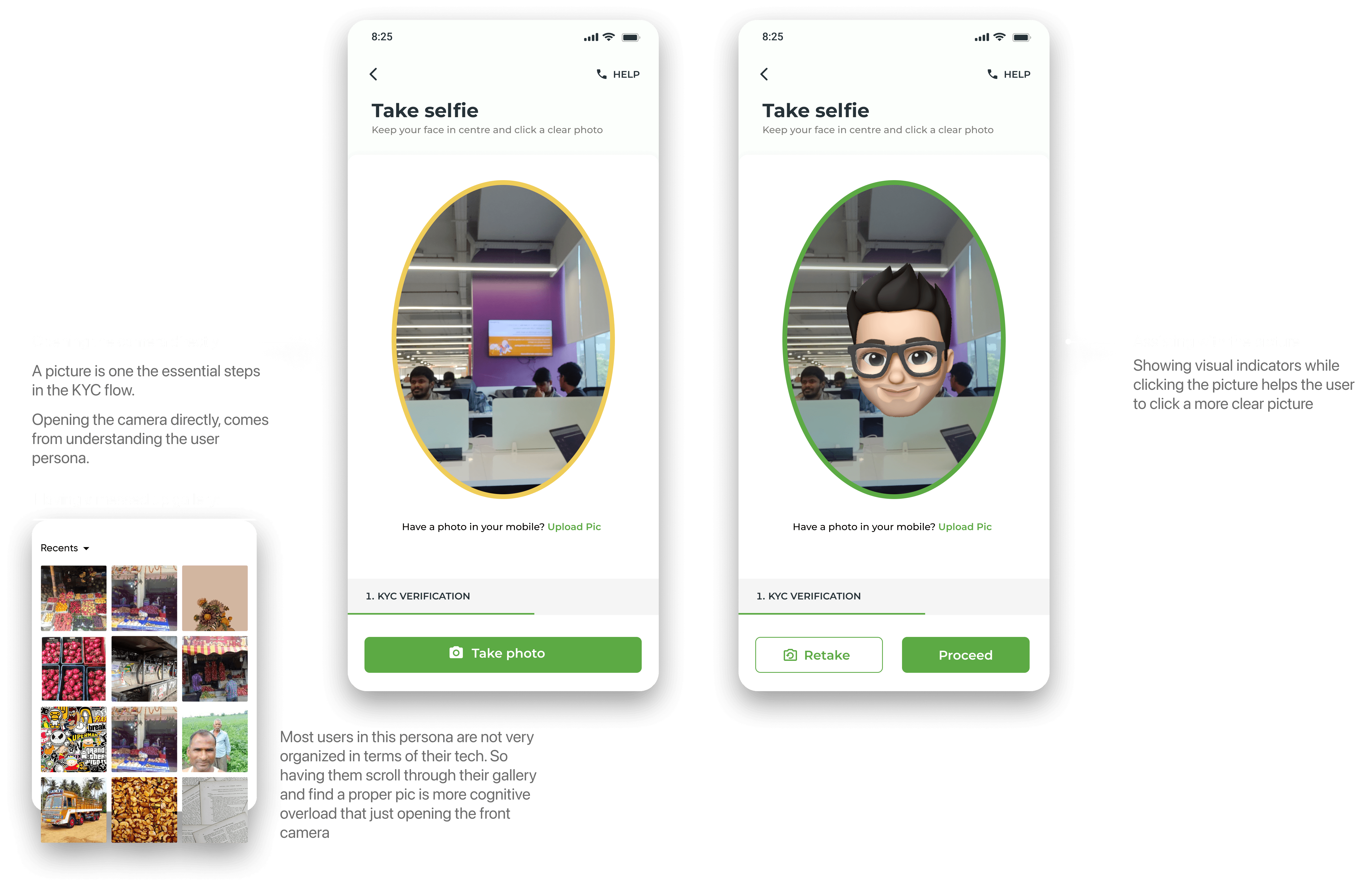 Selfie capture and KYC screens