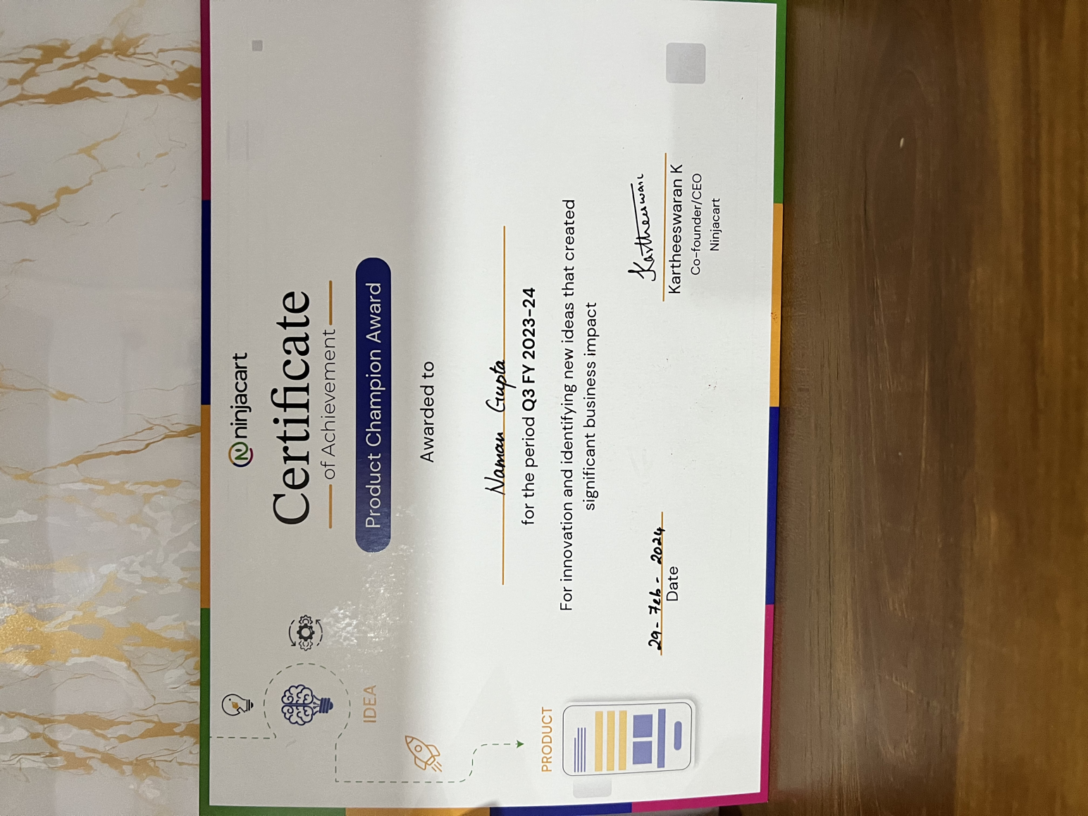 Certificate of Achievement — Marvel Award, Q4 FY 2023–24